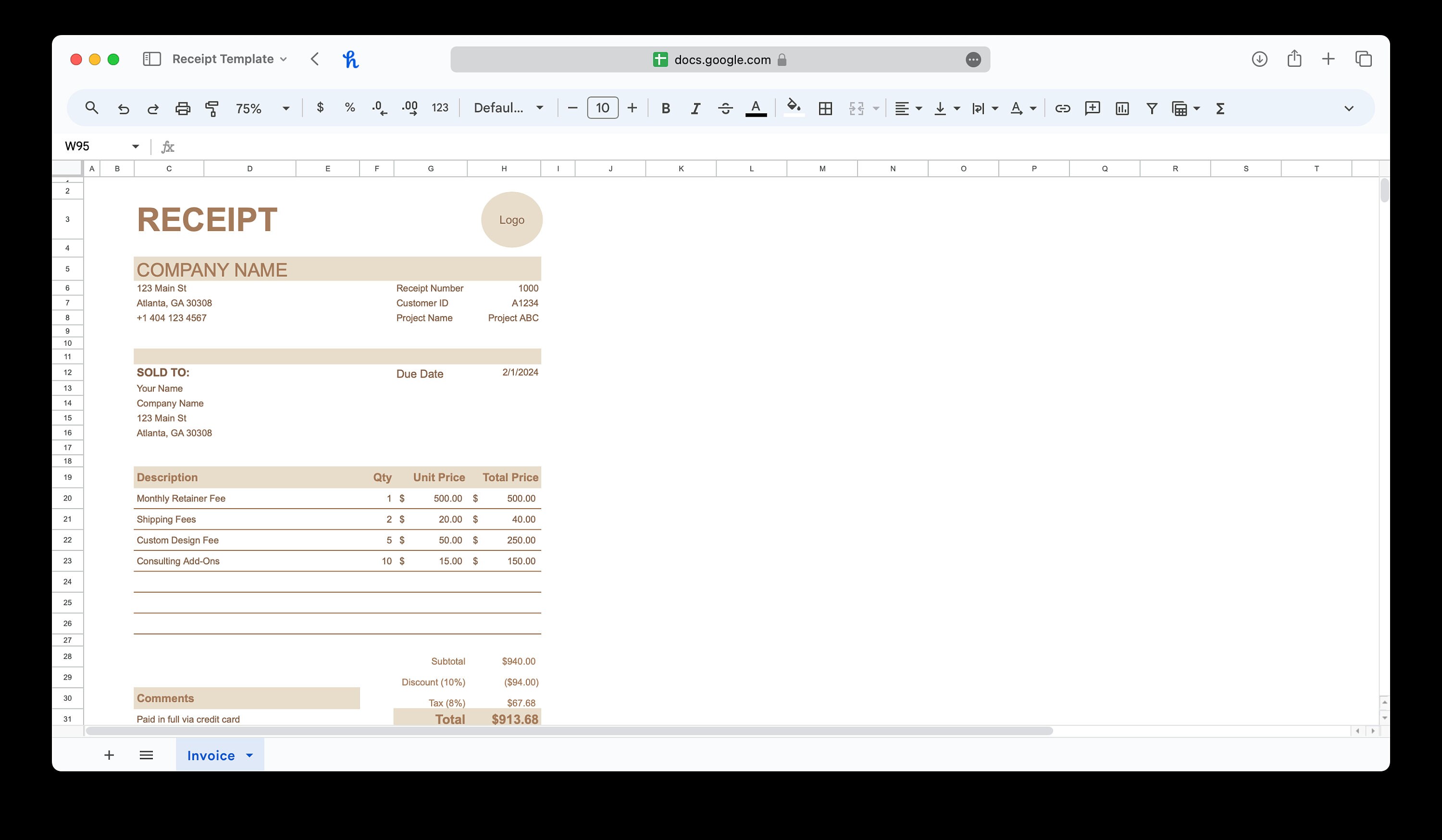 Business Receipt Template for Microsoft Excel & Google Sheets (tan ...