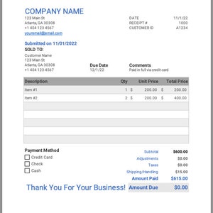 May include: A receipt from COMPANY NAME for a purchase made on 11/01/2022. The receipt shows a total of &pound;600.00, with a &pound;15.00 shipping and handling fee. The customer paid &pound;615.00 and has a &pound;0.00 balance due. The receipt includes a list of items purchased, the quantity, unit price, and total price for each item. The receipt also includes a payment method section with checkboxes for credit card, cheque, and cash.