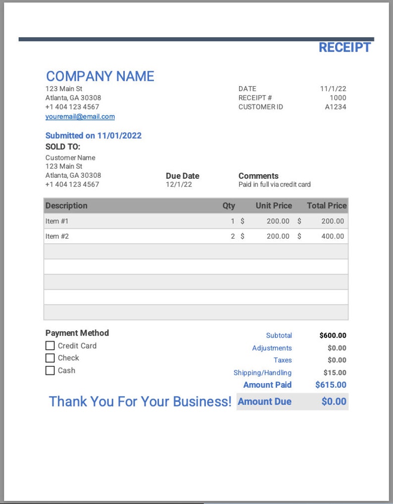 May include: A receipt from COMPANY NAME for a purchase made on 11/01/2022. The receipt shows a total of &pound;600.00, with a &pound;15.00 shipping and handling fee. The customer paid &pound;615.00 and has a &pound;0.00 balance due. The receipt includes a list of items purchased, the quantity, unit price, and total price for each item. The receipt also includes a payment method section with checkboxes for credit card, cheque, and cash.