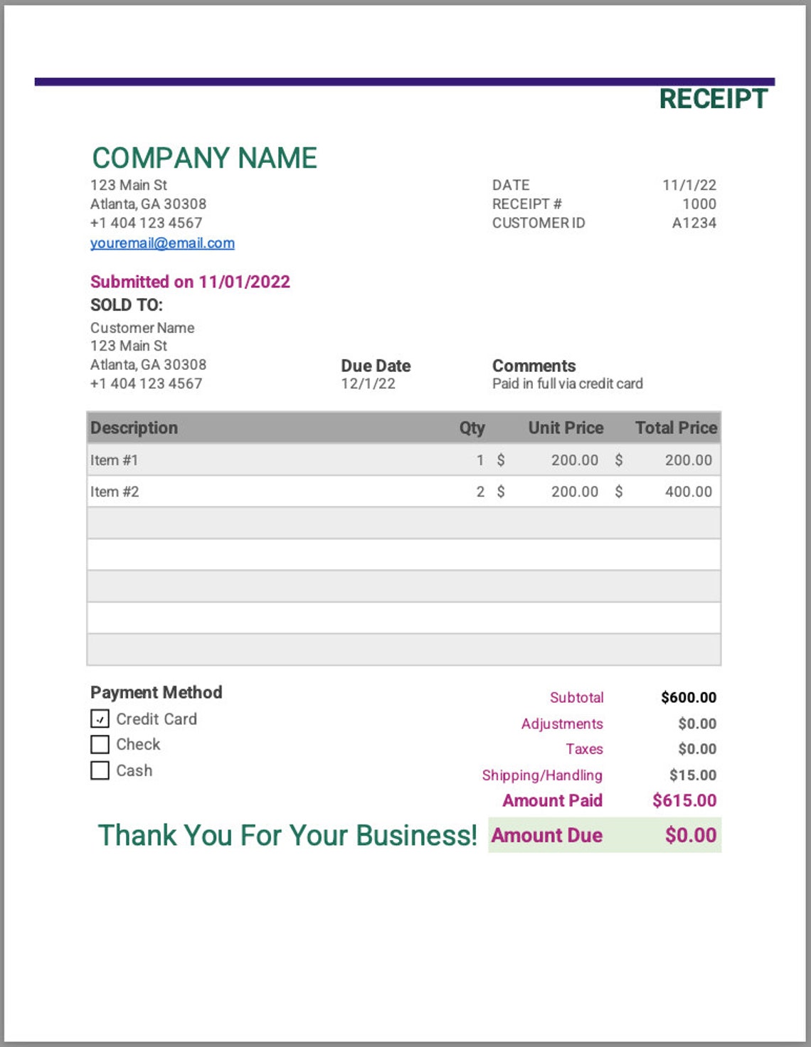 Invoice & Receipt Templates for Microsoft Excel/google Sheets ...