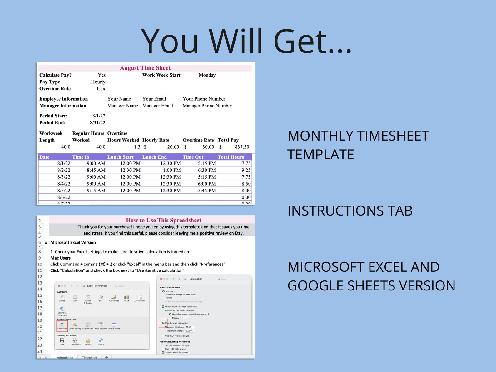 Monthly Timesheet Template for Microsoft Excel & Google Sheets (pink ...