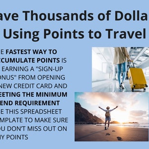 Peut inclure: Un graphique avec du texte qui dit "Save Thousands of Dollars Using Points to Travel". Le texte explique comment accumuler des points en gagnant un bonus d'inscription en ouvrant une nouvelle carte de cr&eacute;dit et en atteignant le minimum de d&eacute;penses requis. Le graphique comprend &eacute;galement un mod&egrave;le de feuille de calcul pour vous assurer de ne pas manquer de points. Le graphique comprend deux images de personnes en voyage. Une image montre une personne marchant dans un a&eacute;roport avec une valise jaune. L'autre image montre une personne debout sur une plage, les bras lev&eacute;s en l'air.