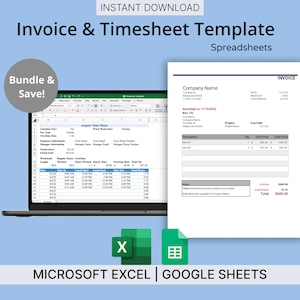 Invoice & Timesheet Templates for Microsoft Excel/Google Sheets - Templates for Small Business (Bundle), Invoice Template, Monthly Timesheet