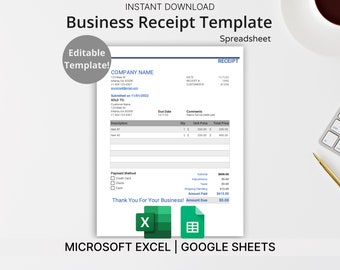 Business Receipt Template for Microsoft Excel & Google Sheets (Blue) - Easy to Use Spreadsheet Template for Small Businesses