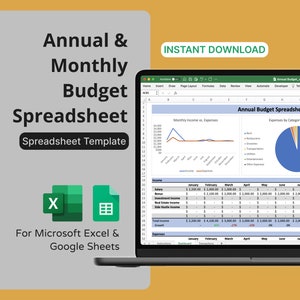 Annual & Monthly Budget Spreadsheet for Microsoft Excel / Google Sheets - Track Income and Expenses Monthly/Annually, Personal Finance