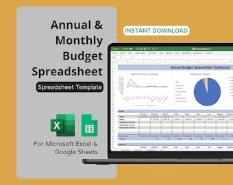 Annual & Monthly Budget Spreadsheet for Microsoft Excel / Google Sheets - Track Income and Expenses Monthly/Annually, Personal Finance