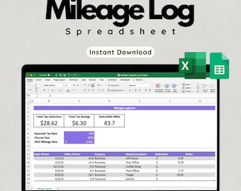 Logbuch Vorlage (Lila) | Excel & Google Sheets | Verfolgen Sie Geschäftsmeilen + Steuerabzüge | Kleinunternehmen | Sofort Download