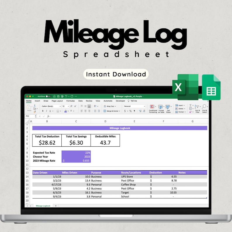 Mileage Log Template (purple) | Excel & Google Sheets | Track Business ...