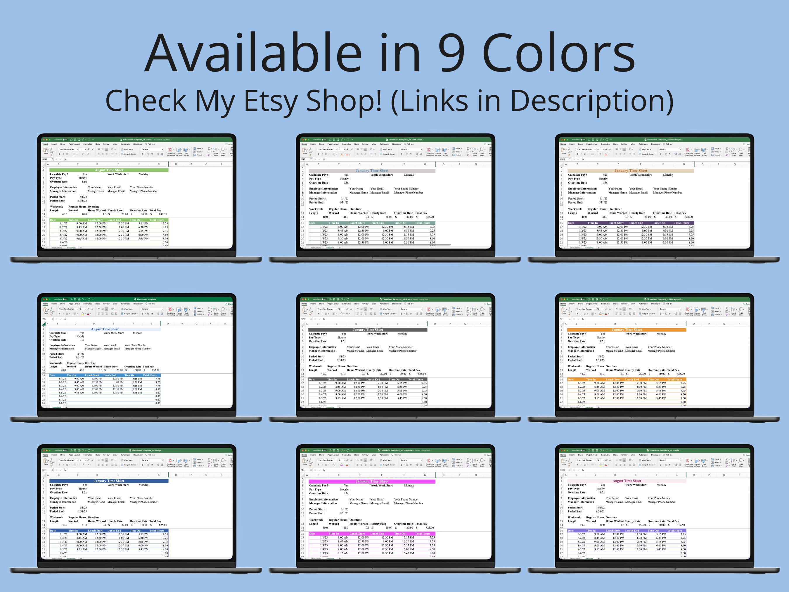 Monthly Timesheet Template for Microsoft Excel & Google Sheets (pink ...