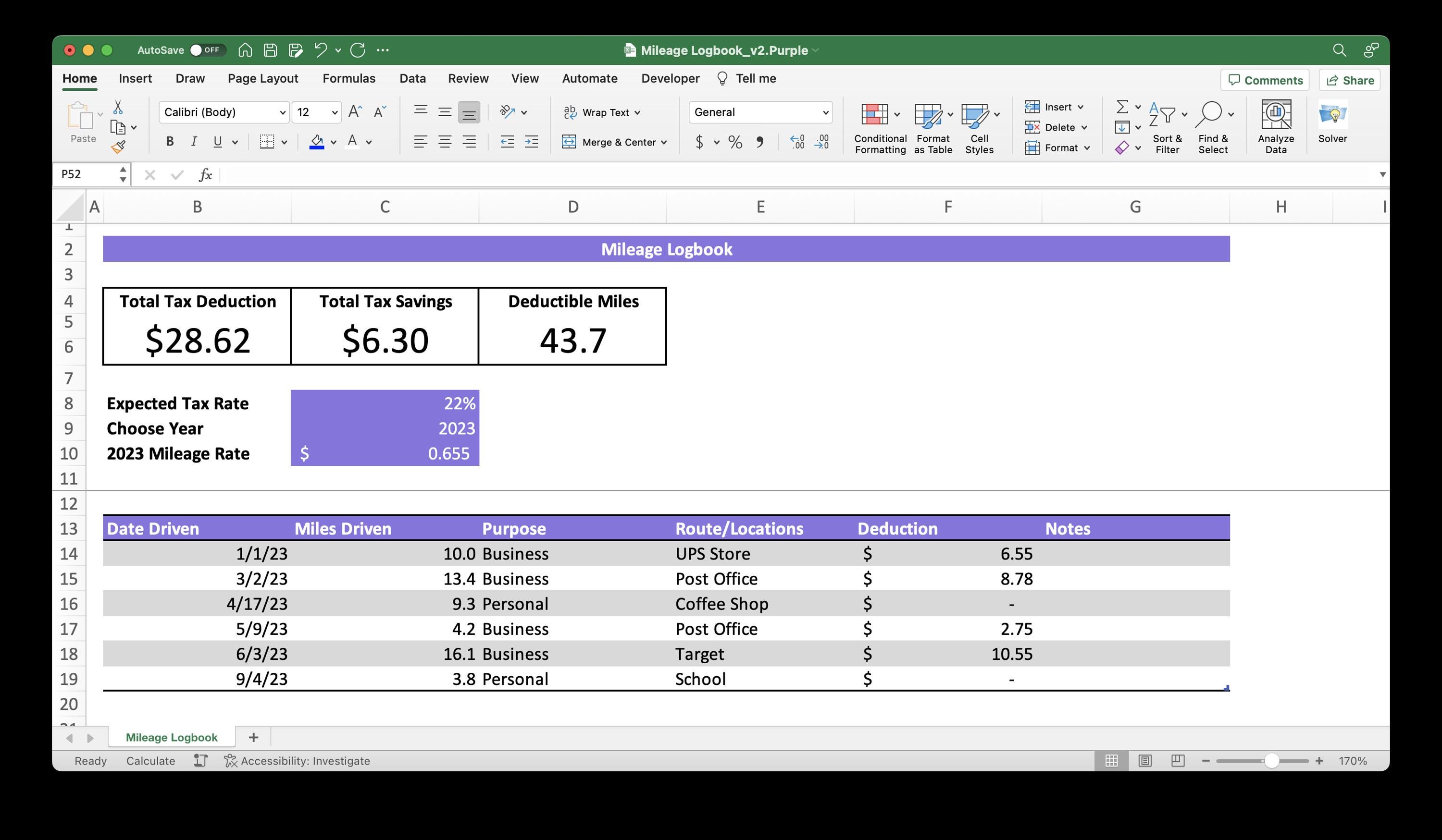 Mileage Log Template (purple) | Excel & Google Sheets | Track Business ...