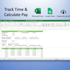 Monthly Timesheet Template for Microsoft Excel & Google Sheets (Green) - Track Hours Worked + Dynamic Pay Calculation