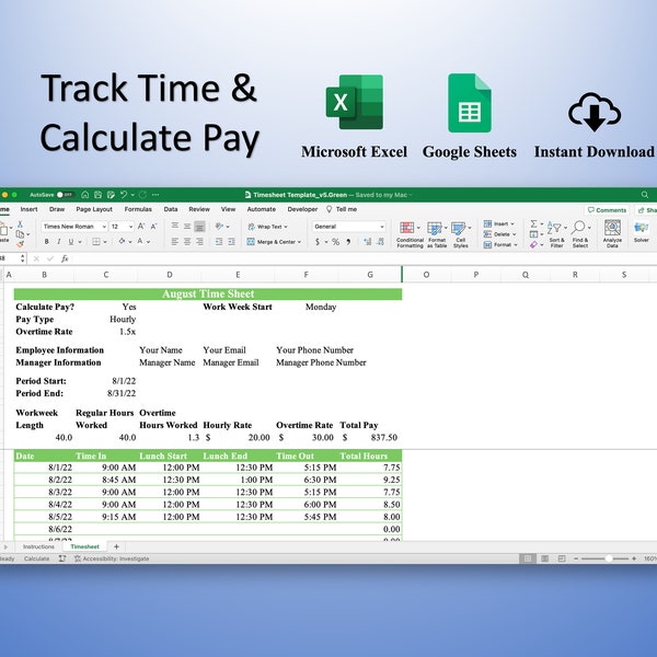 Monthly Timesheet Template for Microsoft Excel & Google Sheets (Green) - Track Hours Worked + Dynamic Pay Calculation