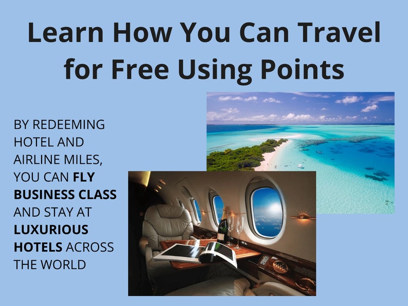 Peut inclure: Apprenez comment voyager gratuitement en utilisant des points d'h&ocirc;tel et de compagnie a&eacute;rienne.  Voyagez en classe affaires et s&eacute;journez dans des h&ocirc;tels de luxe partout dans le monde.  L'image montre l'int&eacute;rieur luxueux d'un avion avec une bouteille de champagne et des verres sur une table, et une vue sur une &icirc;le tropicale depuis une fen&ecirc;tre d'avion.