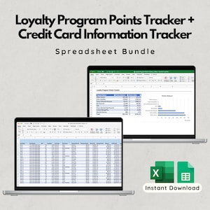 May include: Two laptops showing spreadsheet data, one with a loyalty program points tracker and the other with credit card information. The image includes the text "Loyalty Program Points Tracker + Credit Card Information Tracker Spreadsheet Bundle" and "Instant Download".