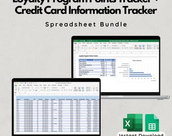 May include: Two laptops displaying spreadsheet data, one with a loyalty program points tracker and the other with credit card information. The image includes the text "Loyalty Program Points Tracker + Credit Card Information Tracker Spreadsheet Bundle" and "Instant Download".