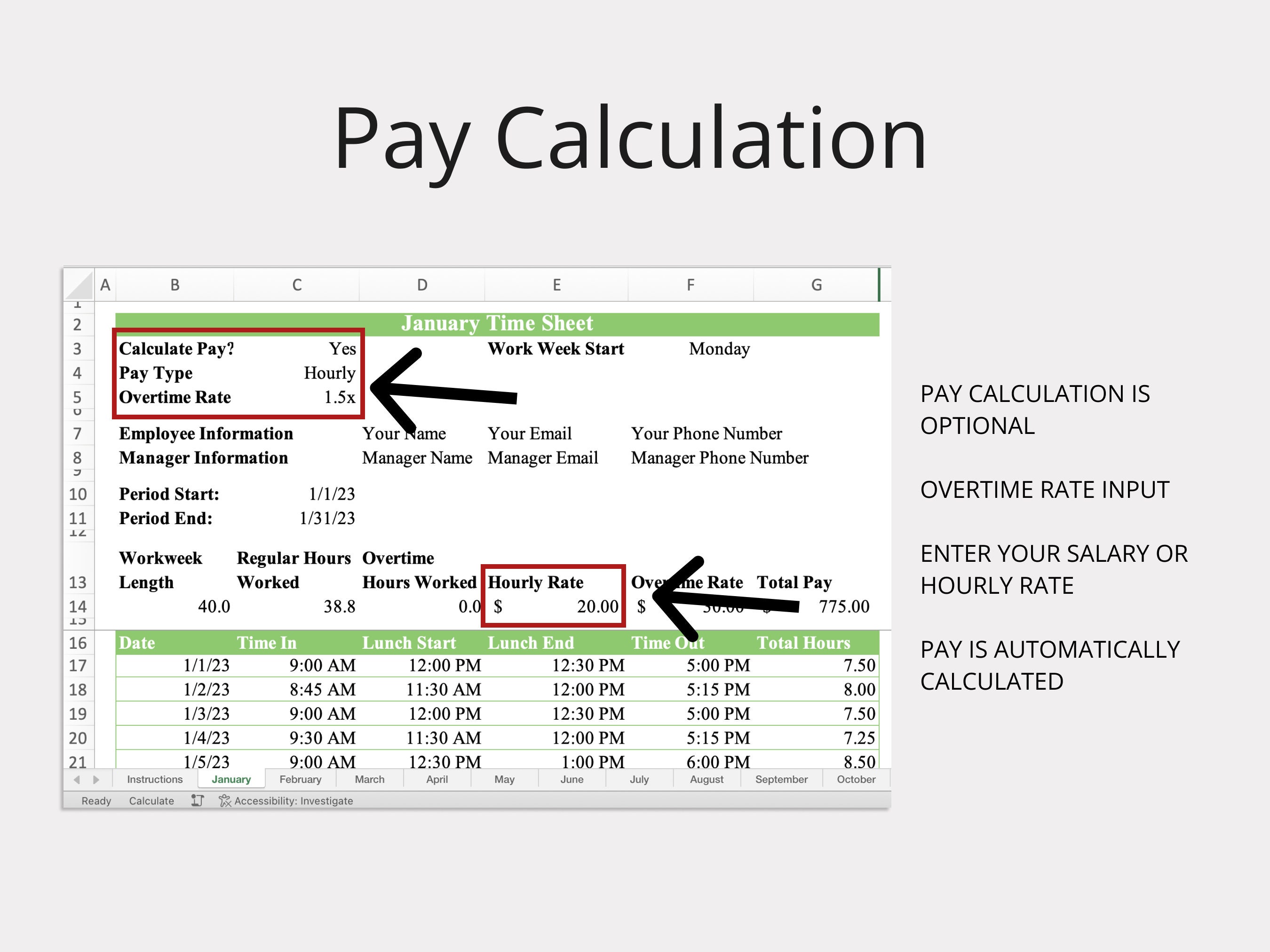 Monthly Timesheet Template for Microsoft Excel & Google Sheets (green ...