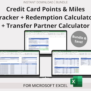 Può includere: Un pacchetto di tre fogli di calcolo Microsoft Excel per tenere traccia dei punti e delle miglia delle carte di credito, calcolare il valore di riscatto e trovare partner di trasferimento. I fogli di calcolo sono visualizzati sugli schermi dei laptop con il logo Microsoft Excel nell'angolo in basso a destra. Il testo "Bundle & Save!" è visualizzato in un cerchio grigio.