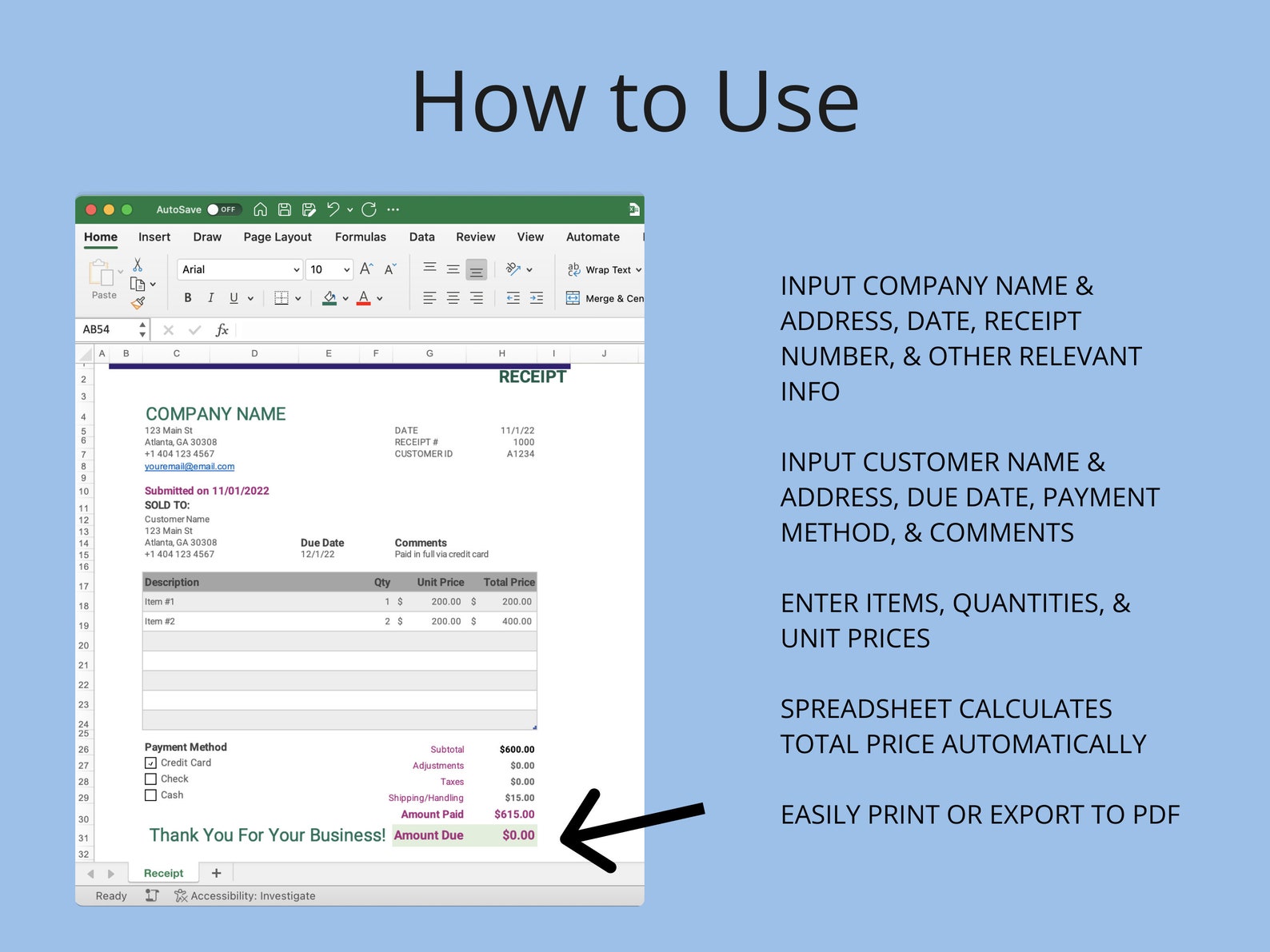 Invoice & Receipt Templates for Microsoft Excel/google Sheets ...