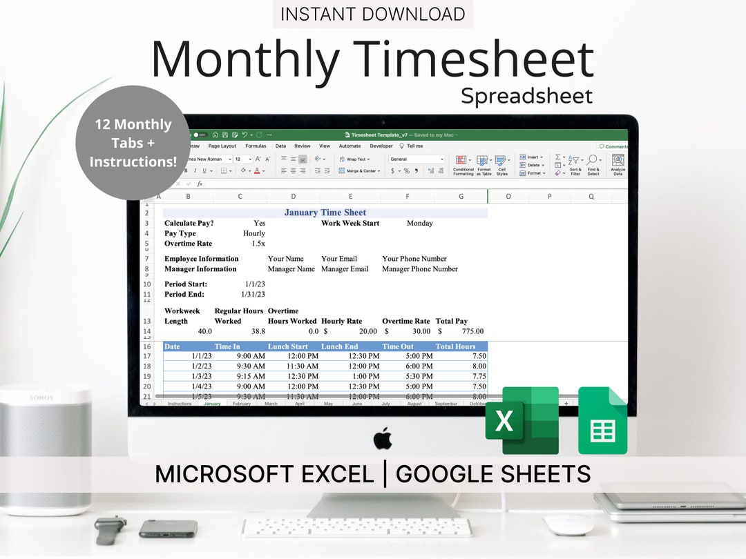 Monthly Timesheet Template for Microsoft Excel & Google Sheets - Etsy