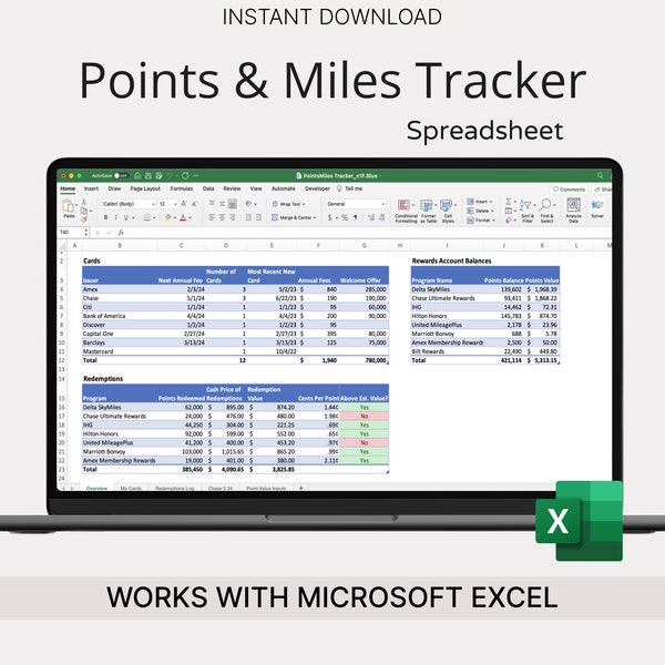 Suivi des points et des miles de votre carte de crédit - Tableur Travel Hacking - Optimisez la valeur d'échange, le statut Chase 5/24, les miles des compagnies aériennes, les points des hôtels