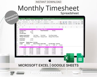 Monthly Timesheet Template for Microsoft Excel & Google Sheets blue 12 ...