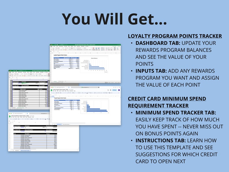 Peut inclure: Une capture d'&eacute;cran d'un &eacute;cran d'ordinateur affichant une feuille de calcul intitul&eacute;e "Loyalty Program Points Tracker". La feuille de calcul comprend des onglets pour "Tableau de bord", "Entr&eacute;es", "Suivi des d&eacute;penses minimales" et "Instructions".