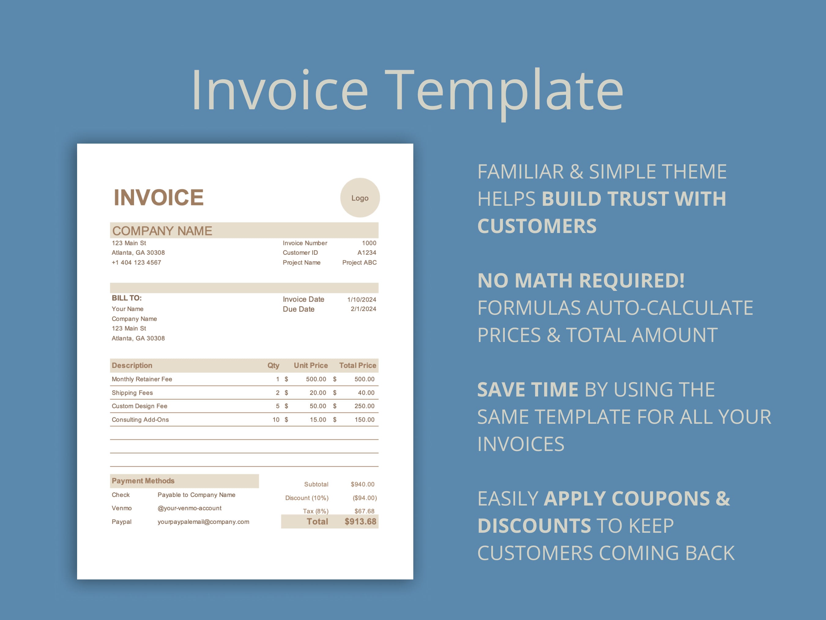 Business Invoice Template for Microsoft Excel & Google Sheets (tan ...