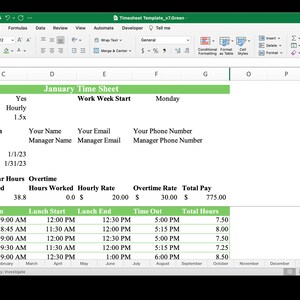 Monthly Timesheet Template for Microsoft Excel & Google Sheets (green ...