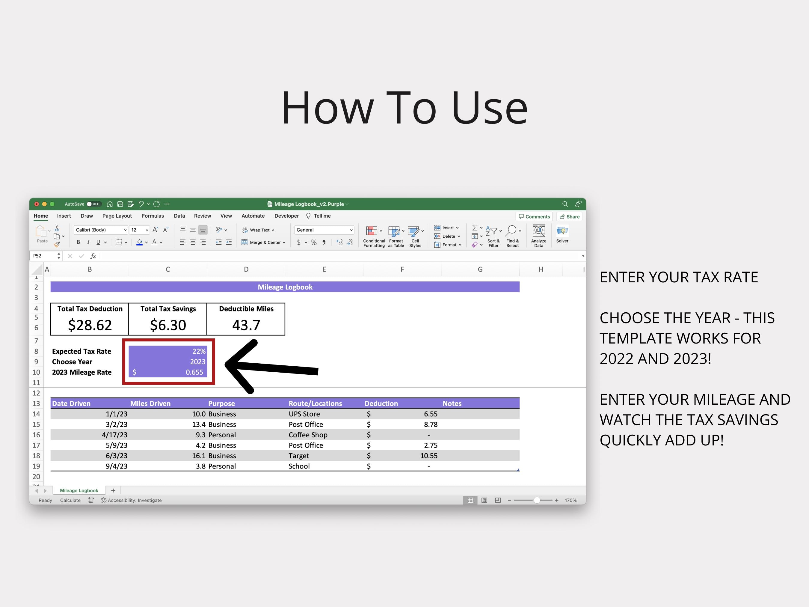 Mileage Log Template (purple) | Excel & Google Sheets | Track Business ...