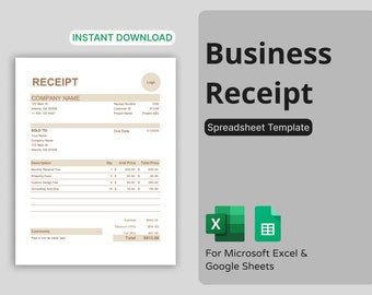 Business Receipt Template for Microsoft Excel & Google Sheets (Tan) - Easy to Use Spreadsheet Template for Small Businesses