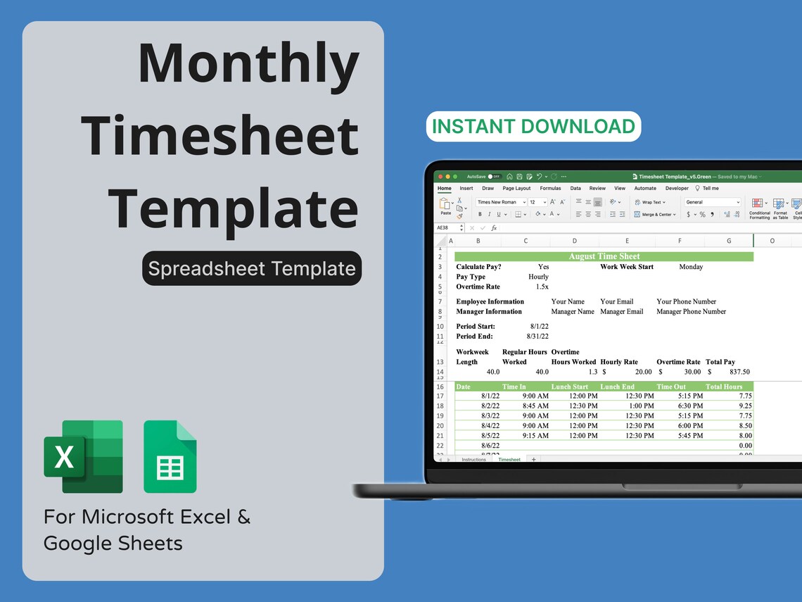 Monthly Timesheet Template for Microsoft Excel & Google Sheets (green ...