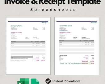 Invoice & Receipt Templates for Microsoft Excel/Google Sheets - Business Invoice and Receipt Templates, Invoice Template, Receipt Template