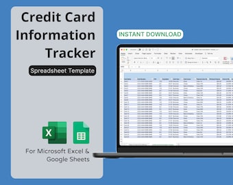 Könnte beinhalten: Ein Screenshot einer Tabellenvorlage zur Verfolgung von Kreditkarteninformationen. Die Tabelle ist in Microsoft Excel geöffnet und zeigt Spalten für Kartennummer, Ablaufdatum, Kartentyp, Kreditlimit, Fälligkeitstermin, Mindestzahlung, Zinssatz und mehr. Die Vorlage ist zum sofortigen Download verfügbar und kann mit Microsoft Excel oder Google Sheets verwendet werden.