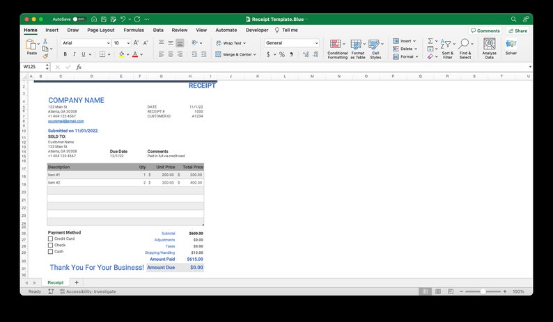 May include: A receipt template in a spreadsheet program. The template includes fields for company name, date, receipt number, customer ID, sold to, due date, comments, description, quantity, unit price, total price, payment method, subtotal, adjustments, taxes, shipping handling, amount paid, and amount due.