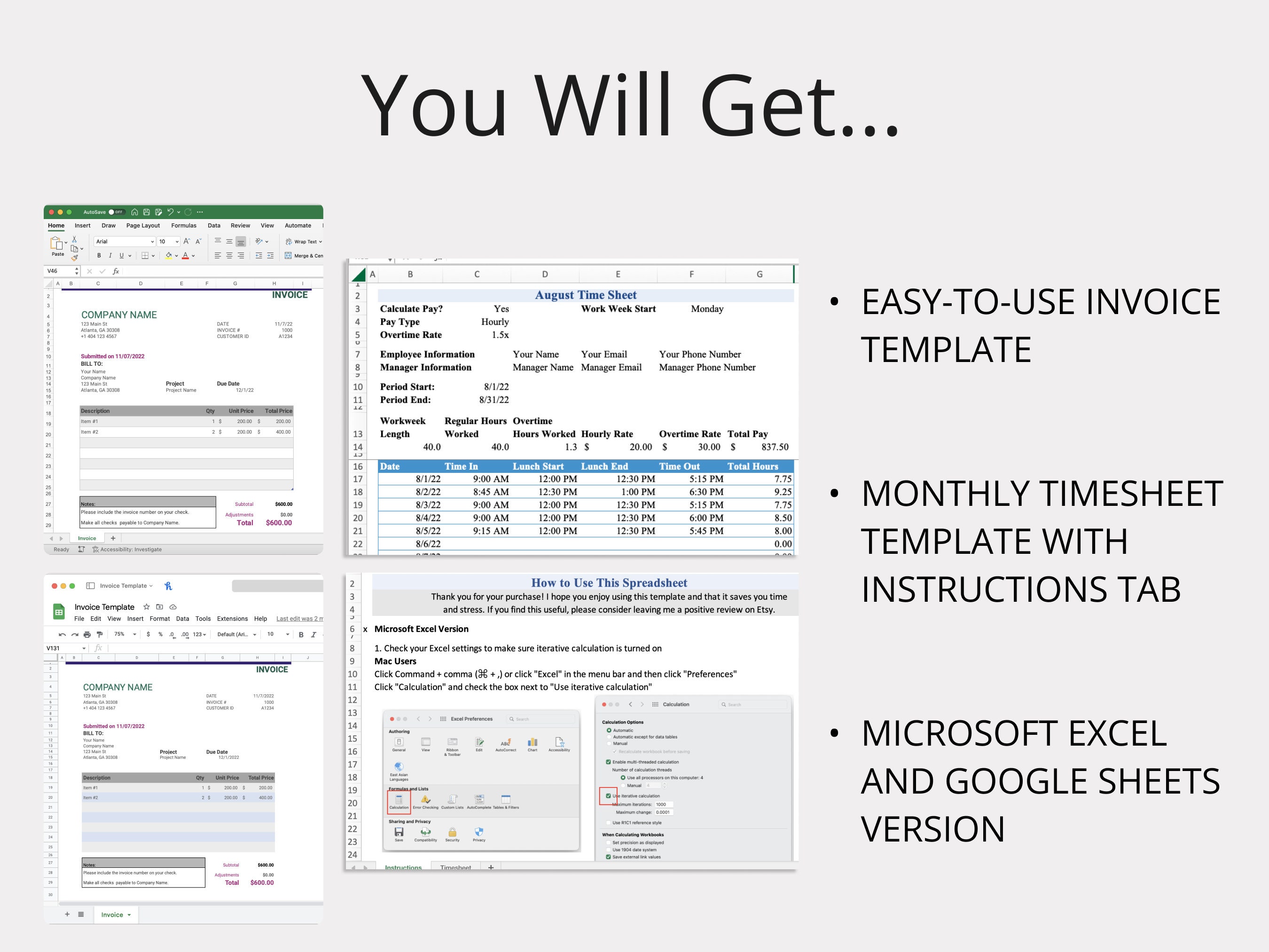 Invoice Time Sheet.pdf Invoice & Timesheet Templates for Microsoft Excel/google Sheets ...