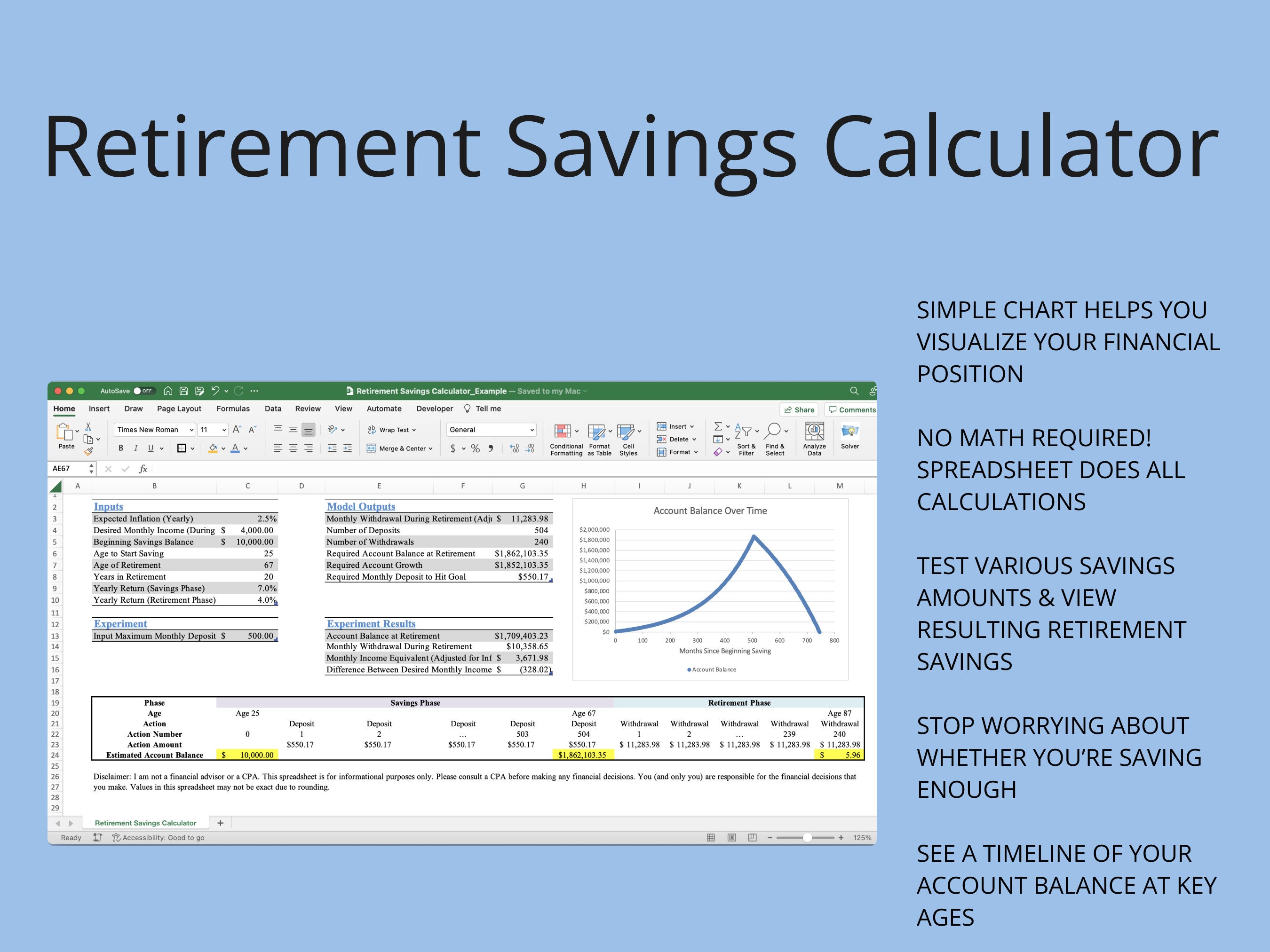 Retirement Savings Calculator for Microsoft Excel & Google Sheets (blue
