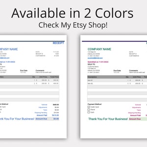 May include: A receipt template in two different colour schemes. The receipt is titled "Receipt" and includes fields for company name, date, receipt number, customer ID, submitted on, sold to, due date, comments, description, quantity, unit price, total price, payment method, subtotal, adjustments, tax, shipping handling, amount paid, and amount due. The text "Thank You For Your Business!" is at the bottom of the receipt.