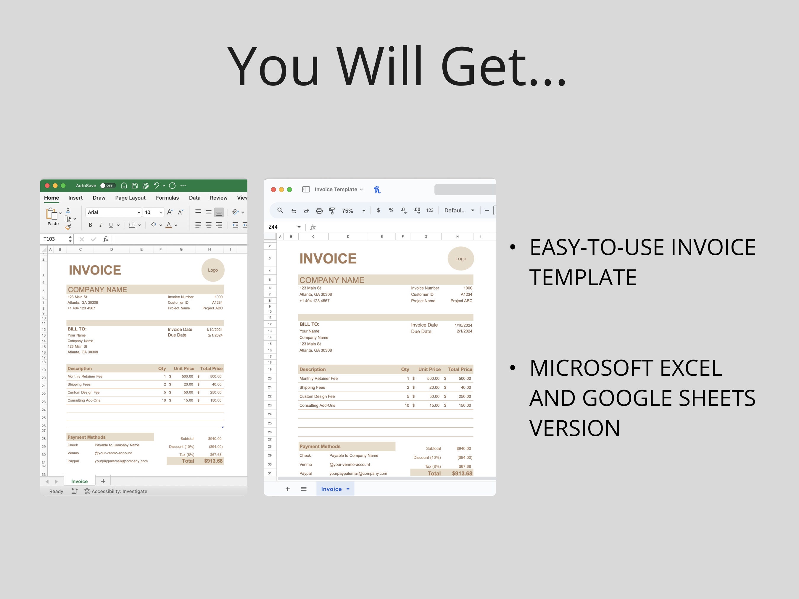 Business Invoice Template (tan) | Excel & Google Sheets | Easy to Use ...