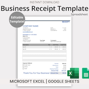 Business Receipt Template for Microsoft Excel & Google Sheets (Blue) - Easy to Use Spreadsheet Template for Small Businesses