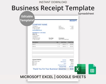 Plantilla de recibo comercial para Microsoft Excel y Google Sheets (azul): plantilla de hoja de cálculo fácil de usar para pequeñas empresas