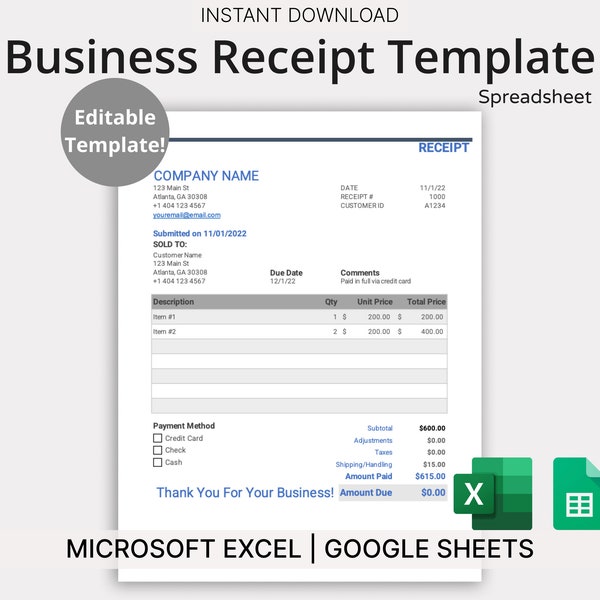 Modèle de reçu commercial pour Microsoft Excel et Google Sheets (bleu) - Modèle de feuille de calcul facile à utiliser pour les petites entreprises