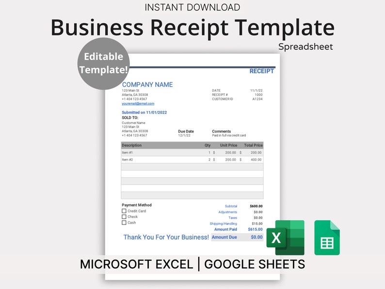 May include: A business receipt template in a spreadsheet format. The template includes fields for company name, date, receipt number, customer ID, description, quantity, unit price, total price, payment method, adjustments, taxes, shipping/handling, amount paid, and amount due. The template is compatible with Microsoft Excel and Google Sheets.