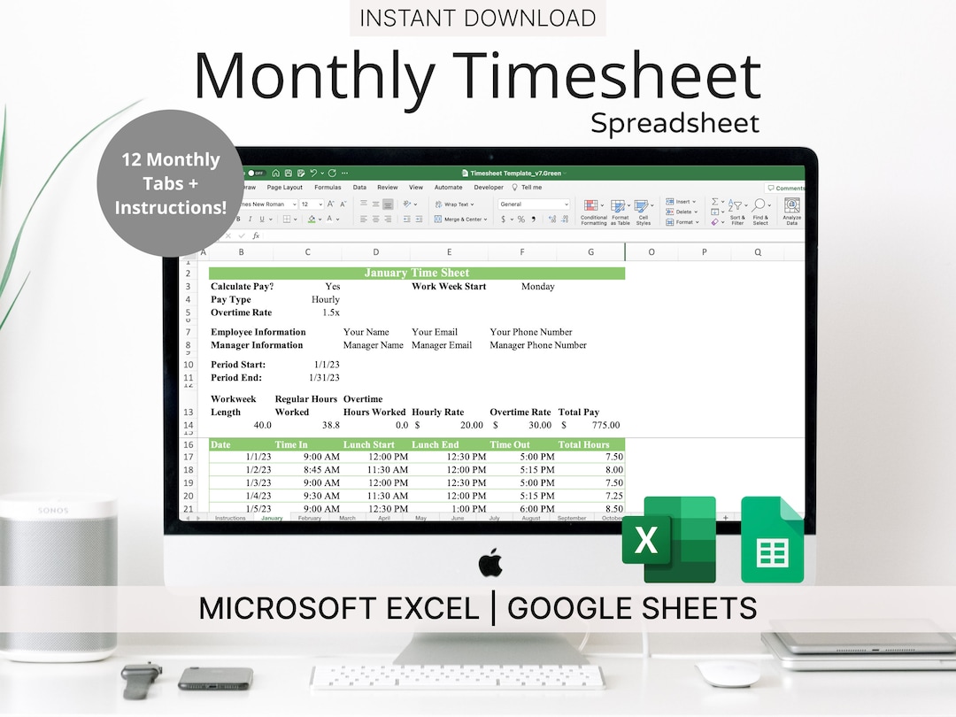 Monthly Timesheet Template for Microsoft Excel & Google Sheets (green ...
