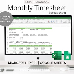 Pode incluir: Um ecrã de computador a mostrar um modelo de folha de cálculo do Microsoft Excel para uma folha de tempo mensal. A folha de cálculo inclui campos para a informação do funcionário, a data de início da semana de trabalho, as horas regulares trabalhadas, as horas extraordinárias trabalhadas, a taxa horária, a taxa de horas extraordinárias e o pagamento total. A folha de cálculo é intitulada "Folha de tempo de janeiro". O ecrã está numa secretária com um altifalante branco, um relógio preto e prateado e um disco rígido externo preto e prateado.