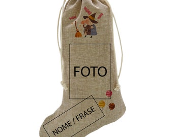 Calza della Befana personalizzabile con foto e/o scritte, calza in juta, idea regalo epifania, dimensione 45x19 cm