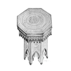May include: A black and white pencil drawing of an octagonal table with intricate carvings. The table has a detailed design on the top and legs.
