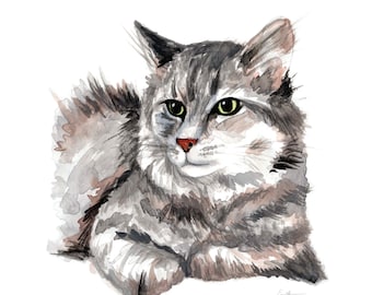 May include: Watercolor painting of a gray and white cat with green eyes. The cat is lying down with its head turned to the side and its paws tucked under its body.