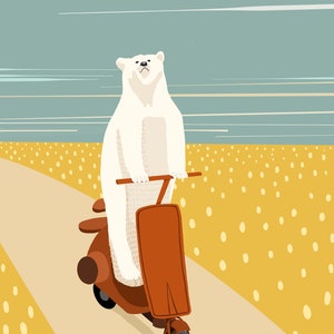 Ours polaire, scooter, art mural imprimable, art numérique, art téléchargeable, rétro, vintage, art imprimable