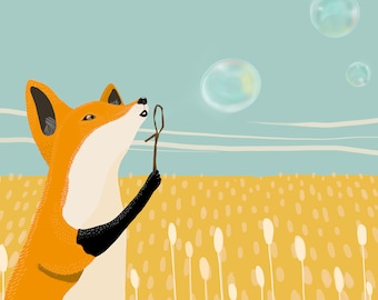 Fox blowing bubbles, Animal illustration, Fox, Digital Art, Wall Art, Digital download, Printable, 11x14, 8x10, A3, A4, Cute animals