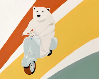 Polar bear, Scooter, Retro Art, Downloadable art, Digital Art, Printable Wall Art